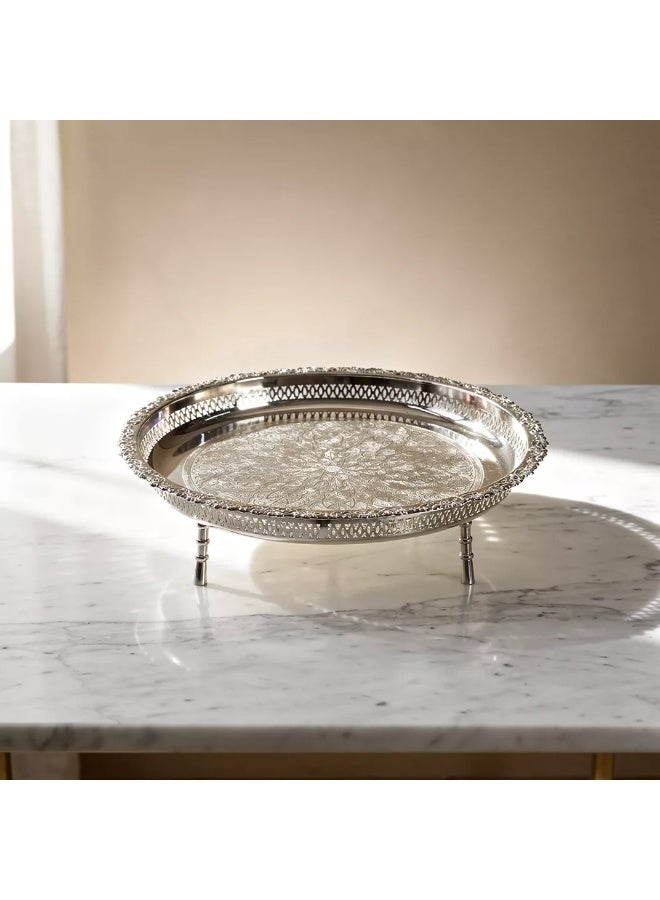 Si Bonne Elegant Round Silver Decorative Tray with Raised Stand and Ornate Engraved Design - Image 2